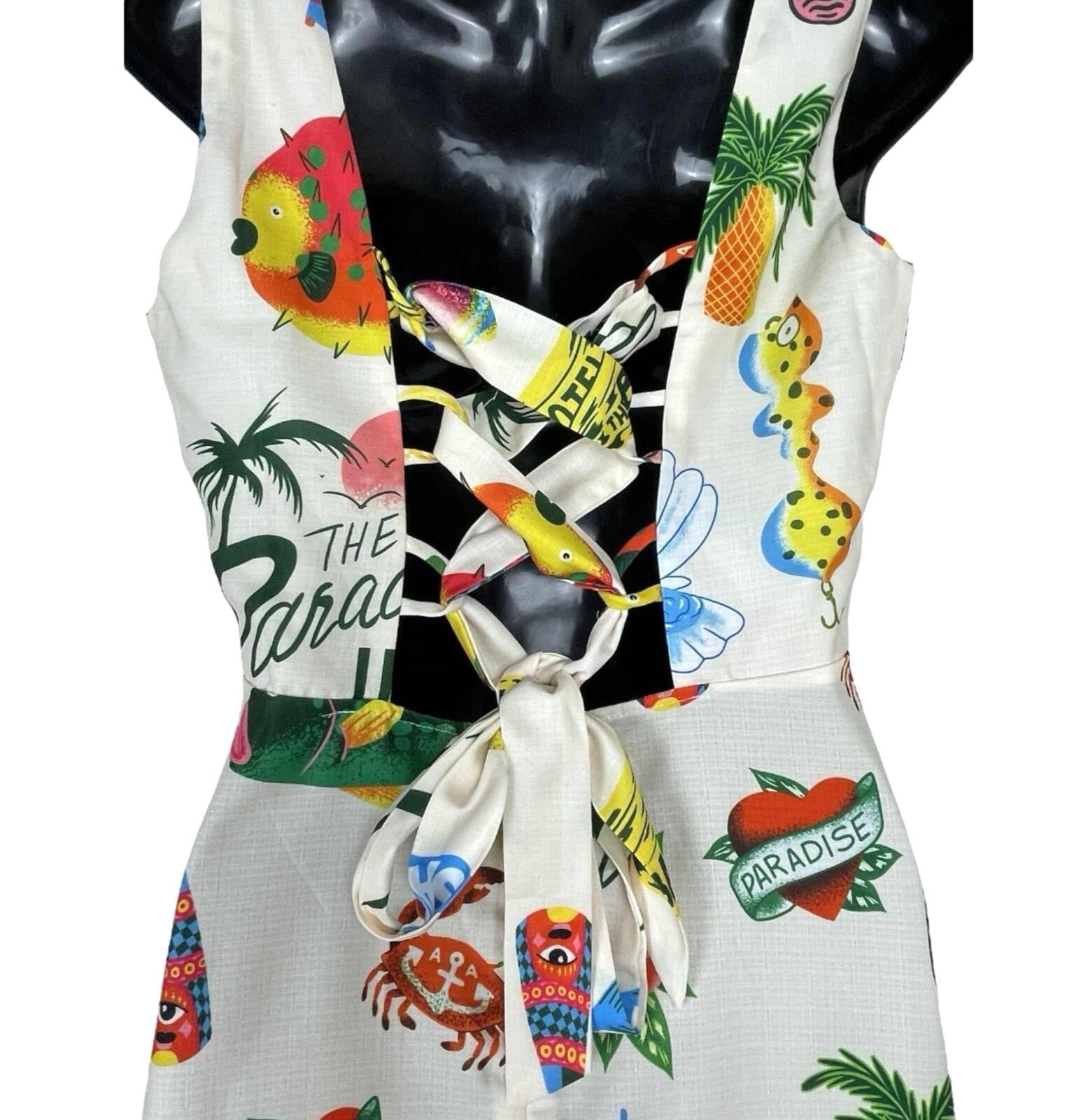 Comense Retro Summer Dress Women’s UK Size M Lace Up Back Mini Multicolour Print