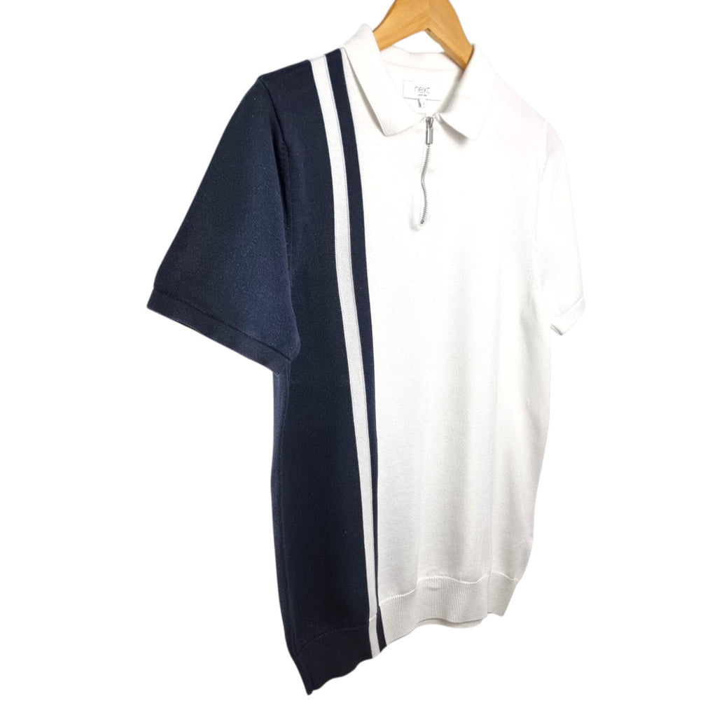 Next Knit Polo Shirt Men's UK Size S White Blue 1/4 Zip Short Sleeve 100% Cotton