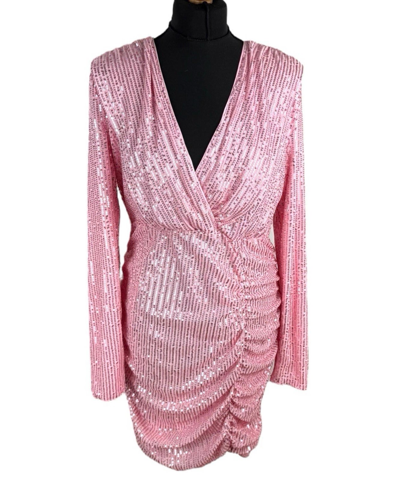 Pink Sequin Party Dress Deep V Ruffle Side Slimming Midi Women’s UK Size XL