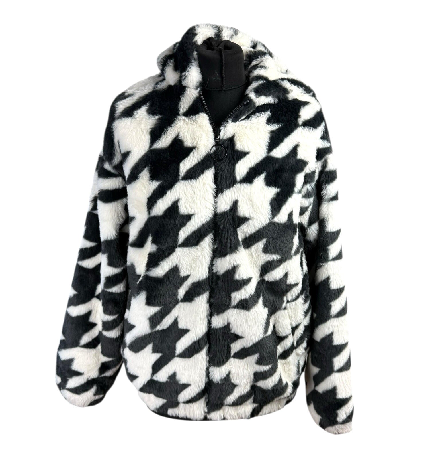 Divided Faux Fur Bomber Jacket Women’s UK Size XS Hooded Pockets Houndstooth