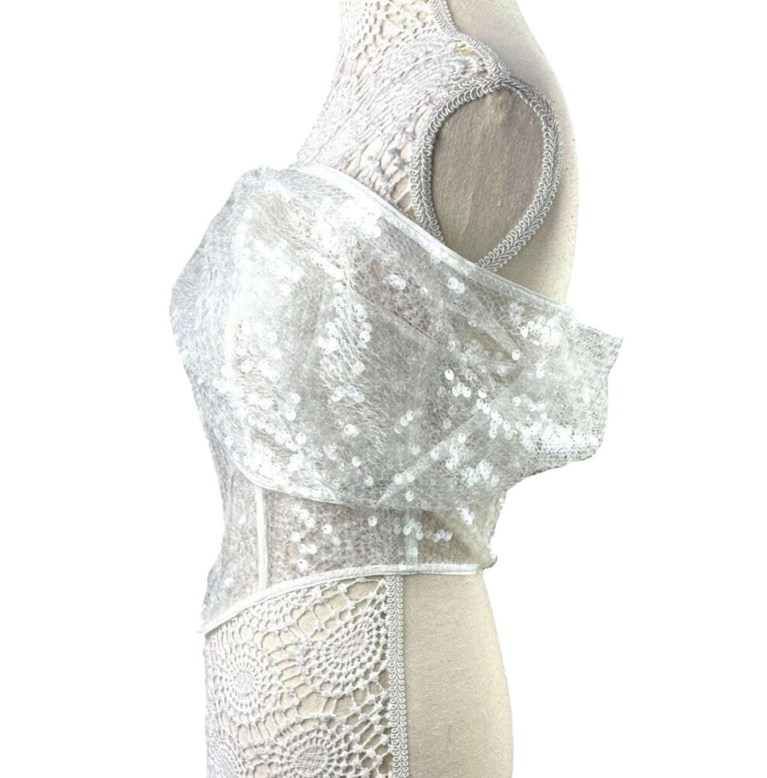 Pretty Little Thing Sheer Sequin One Sleeve Corset Top Women’s UK Size 8 Cropped