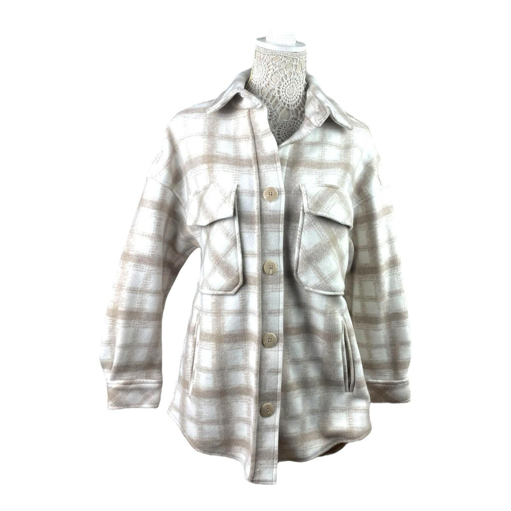 Stradivarius Beige Shirt Jacket Check Brushed Oversized Women’s UK Size XS