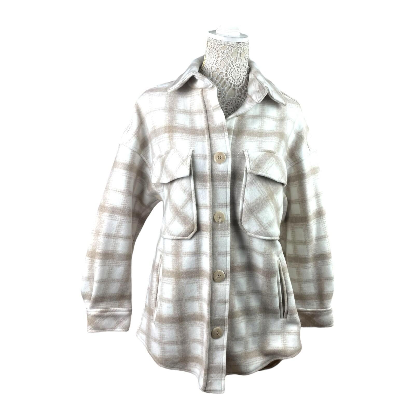 Stradivarius Beige Shirt Jacket Check Brushed Oversized Women’s UK Size XS