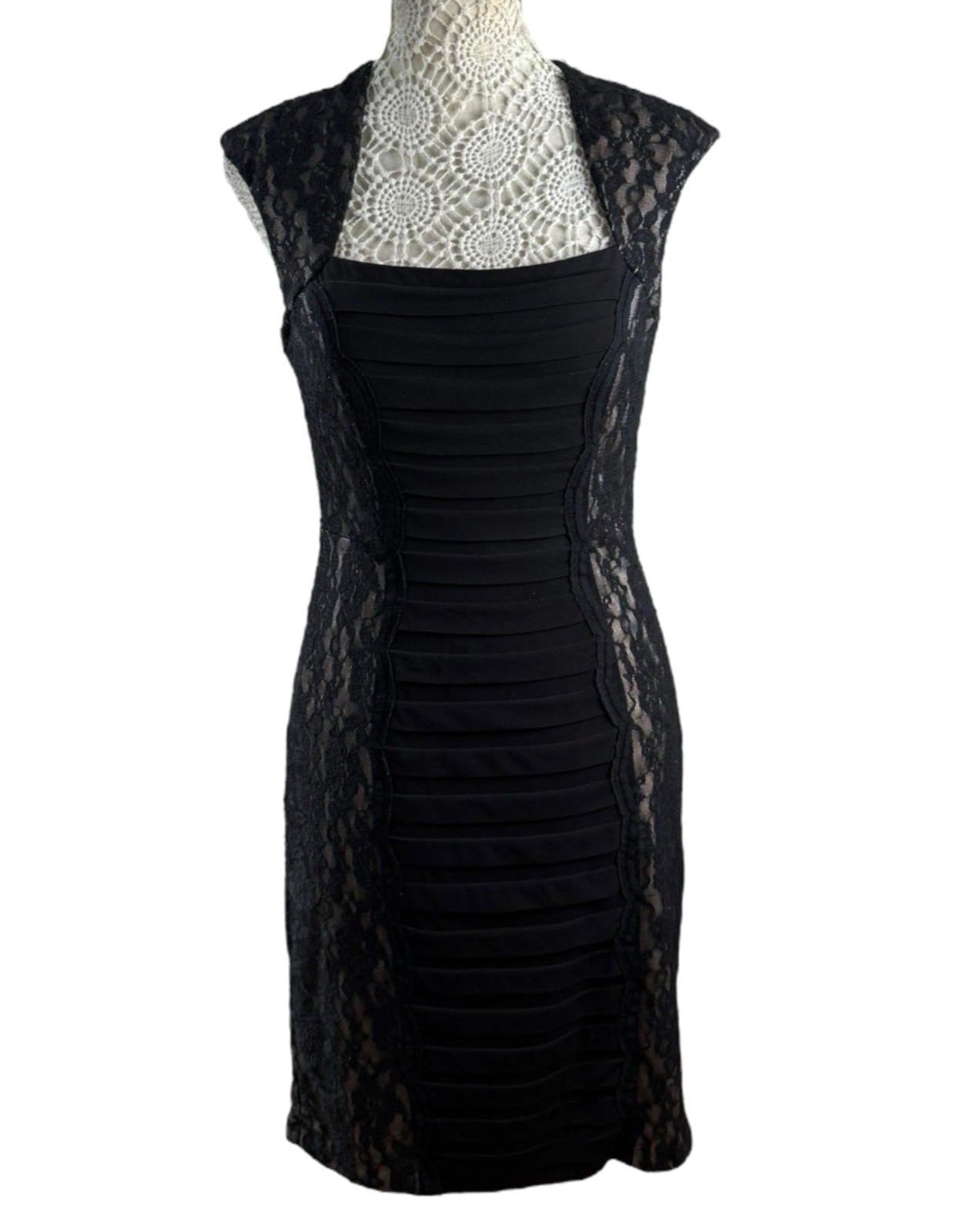 Jax Cocktail Dress Women's UK Size 8 Ruched Panel & Lace Overlay Bodycon Lined