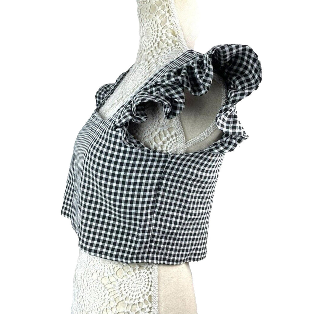 Gingham Ruffle Sleeve Square Neck Blouse Women’s UK Size 8 Cropped Black & White