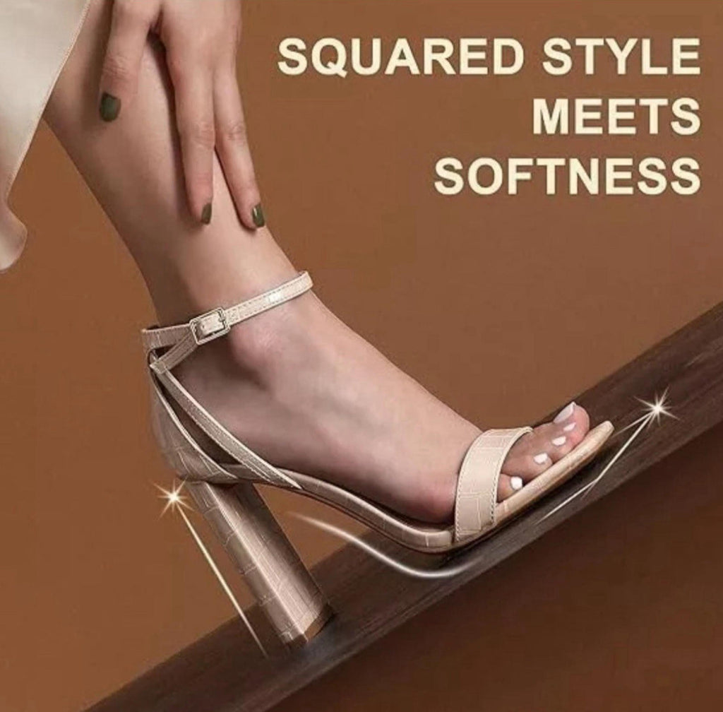Dream Pairs Nude Open Square Toe Block Heel Shoes Crocodie Faux Leather