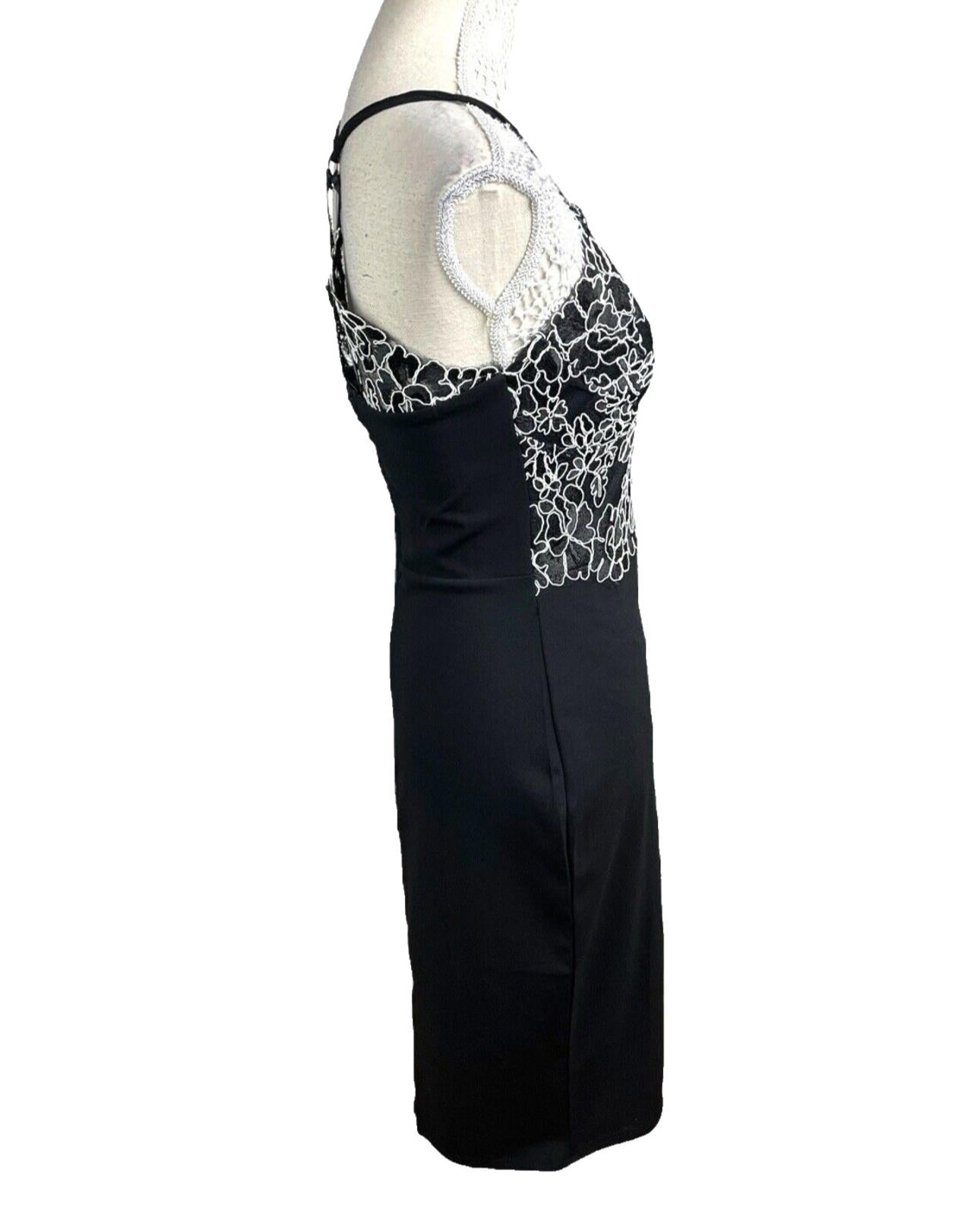 River Island Black Midi Dress White Embroidered Detail Women’s UK Size 12