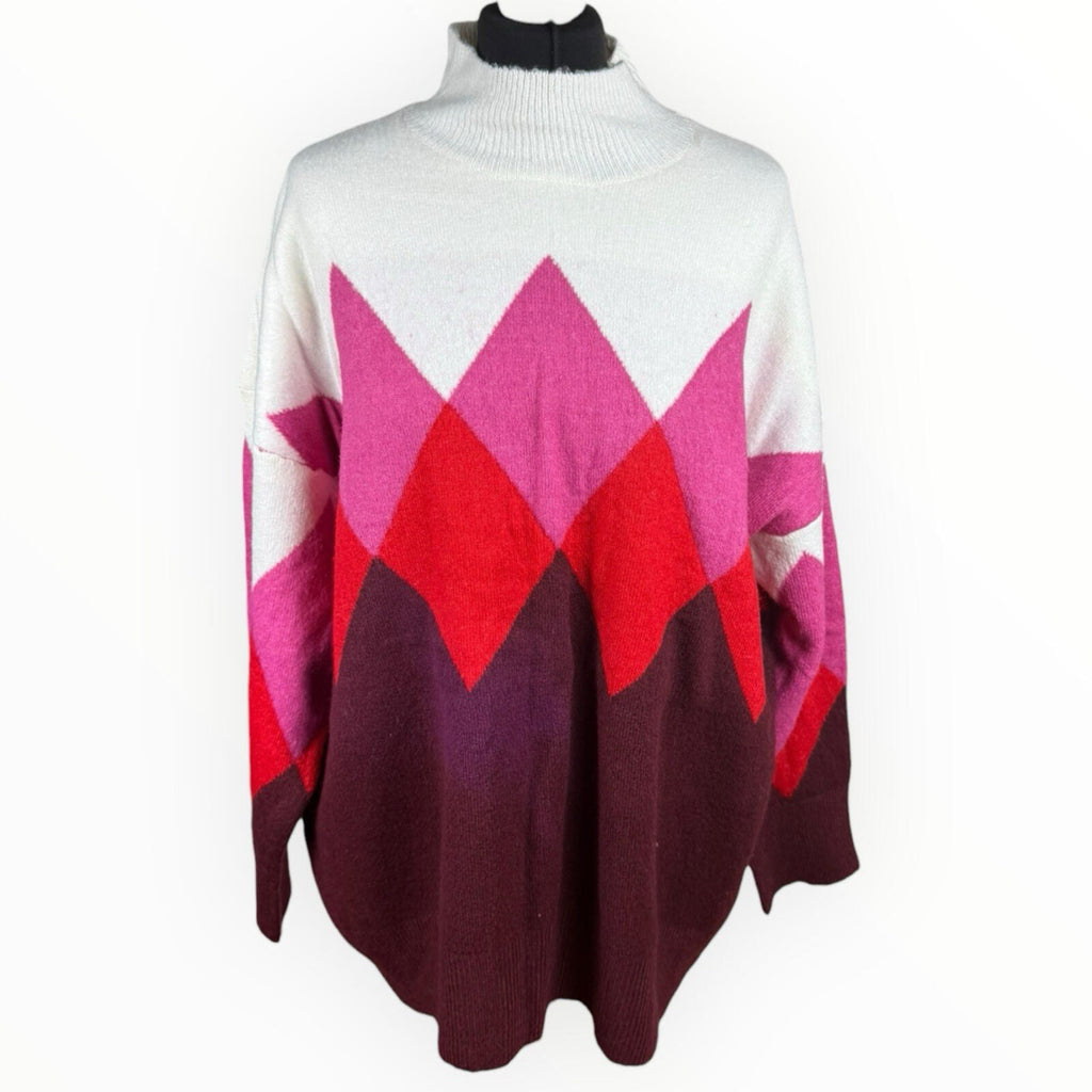 F&F Knit Jumper Women’s UK Size 18 High Neck Diamond Beige Red Pink