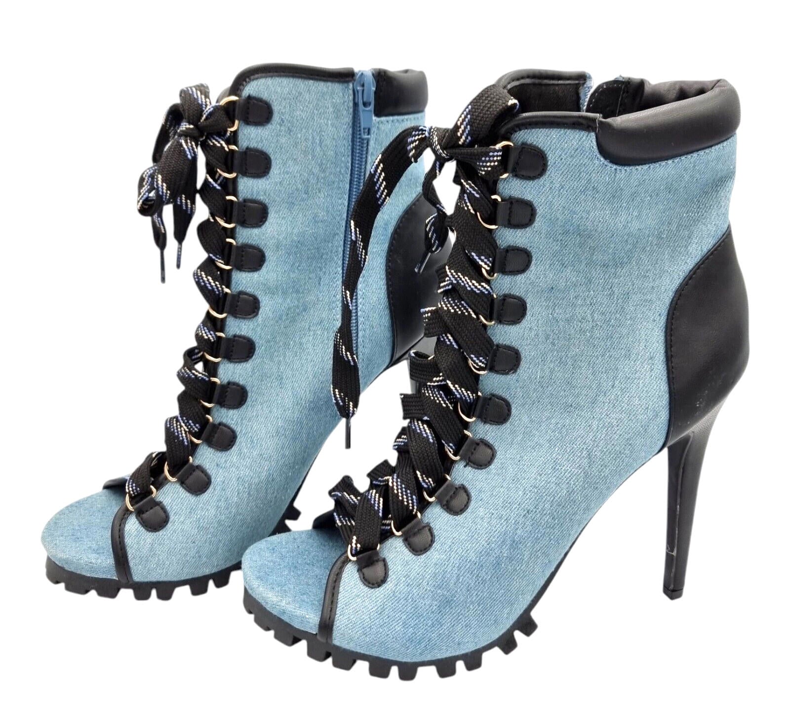 Denim Stiletto Shoe Women's UK Size 6.5 Open Toe Heel Lace Up Zip Fastening Boot
