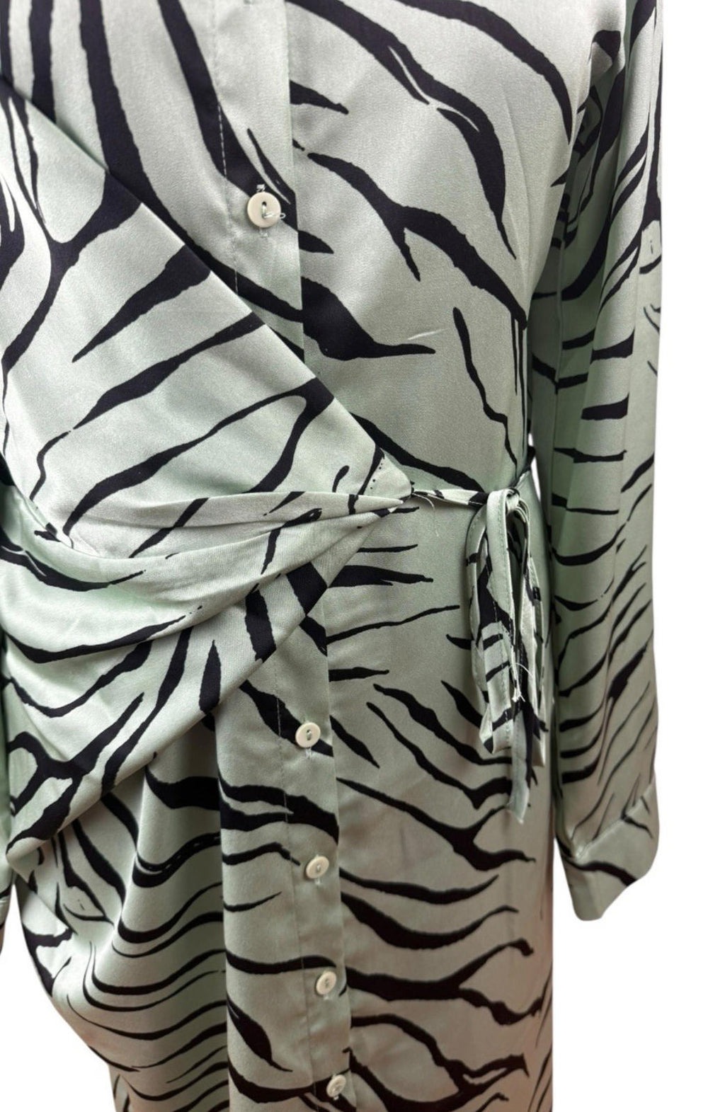 Elli White Satin Shirt Dress Animal Print Wrap Design Green Women’s UK Size S