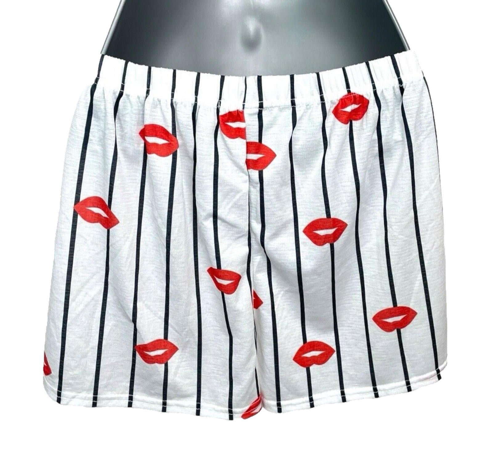 PLT Pajama Shorts Women’s UK Size 8 White Striped & Lip Print Elasticated Waist