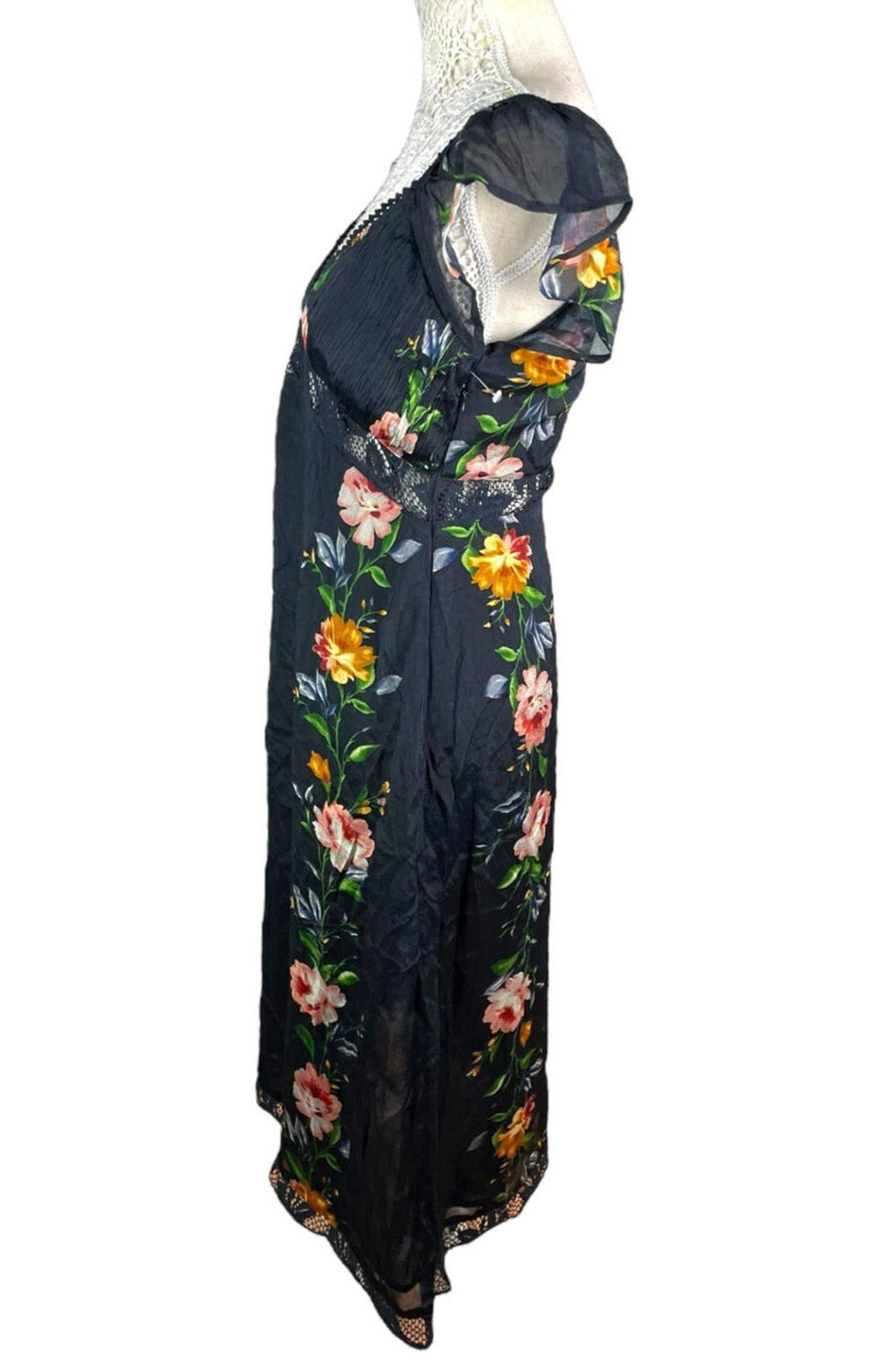 Black Floral Maxi Dress Lace Panels Women’s UK Size 8
