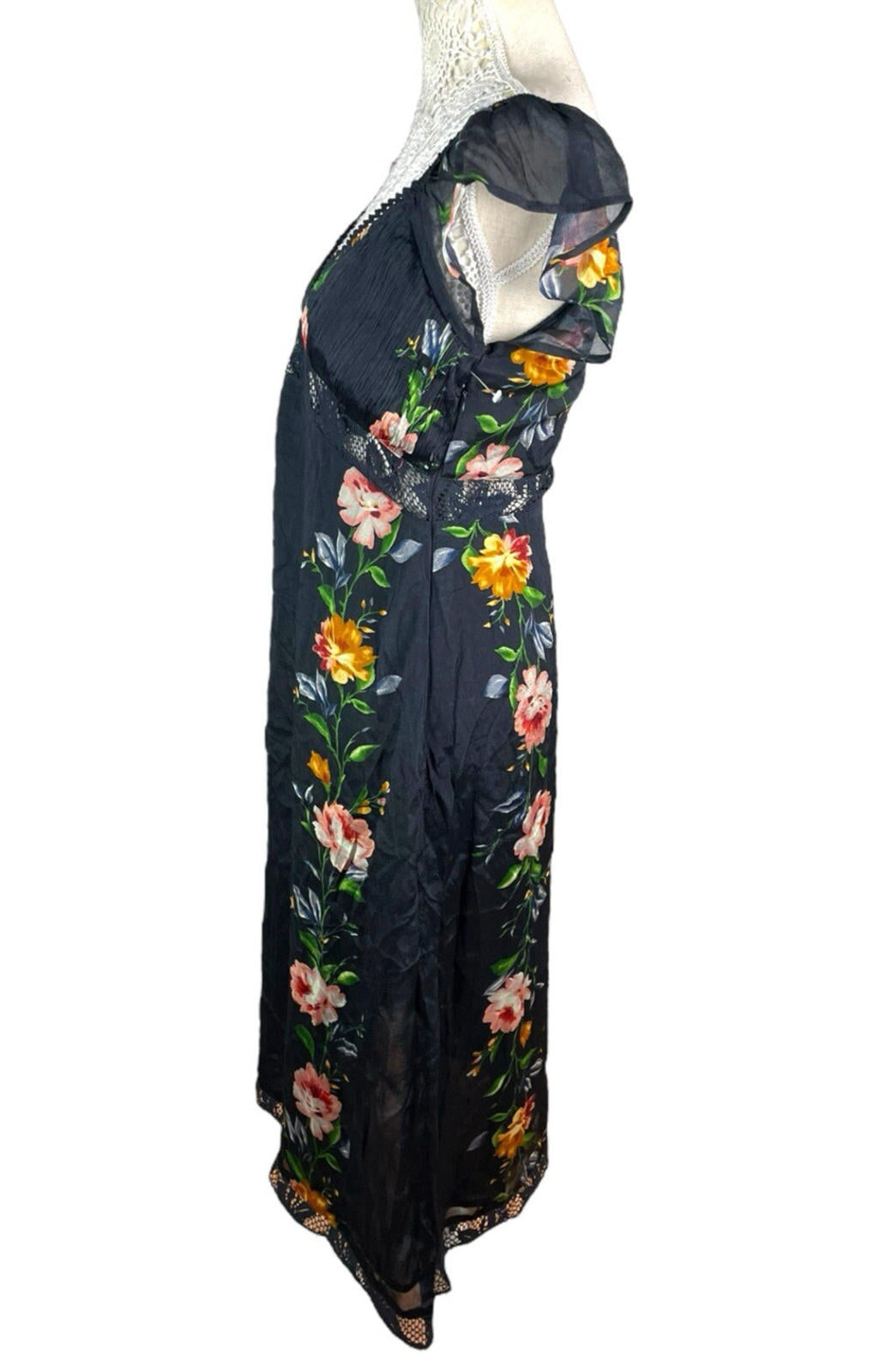 Black Floral Maxi Dress Lace Panels Women’s UK Size 8