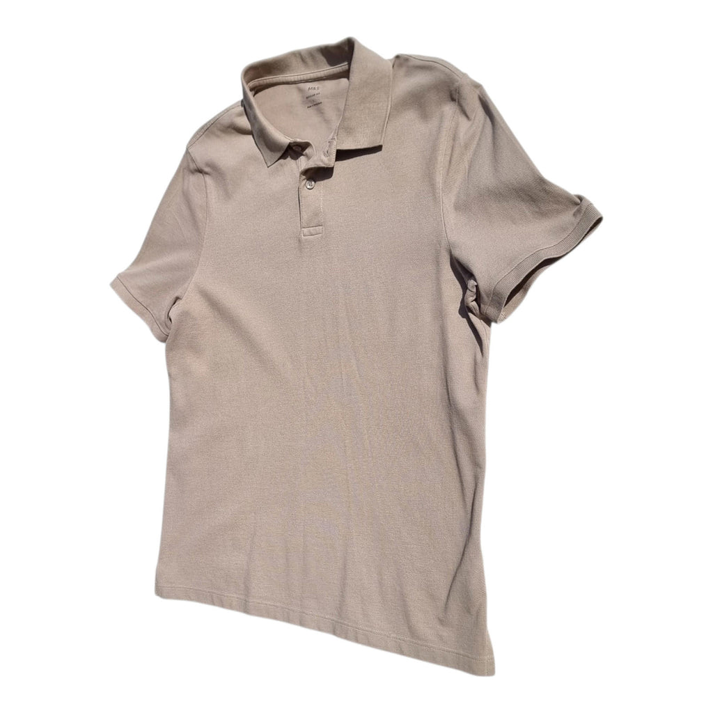 M&S Polo Shirt Men's UK Size L Beige Sand Short Sleeve 100% Cotton 41-43" Chest