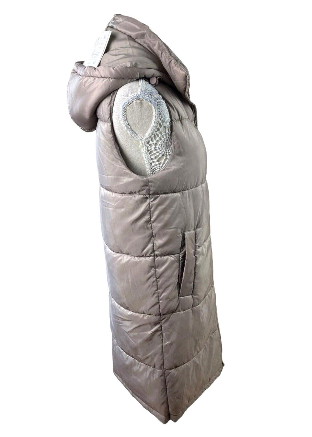 Pull & Bear Long Padded Gilet Women's UK Size XS Grey Hooded Sleeveless Puffer