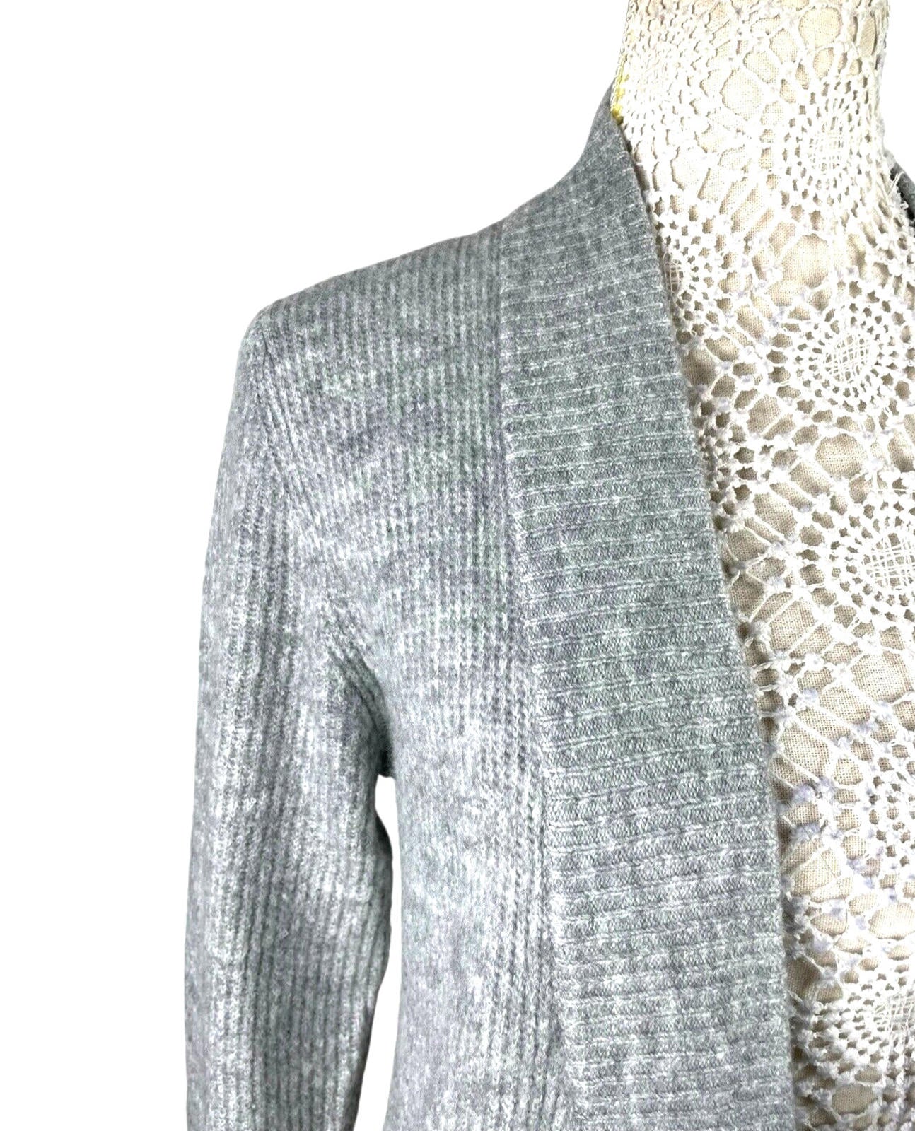 New Look Longline Knit Cardigan Women’s UK Size S Grey Ribbed Open Front Pockets