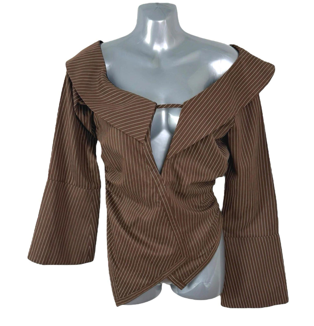 Pretty Little Thing Stripe Plunge Top Women’s UK Size 8 Long Sleeve Shirt Blouse