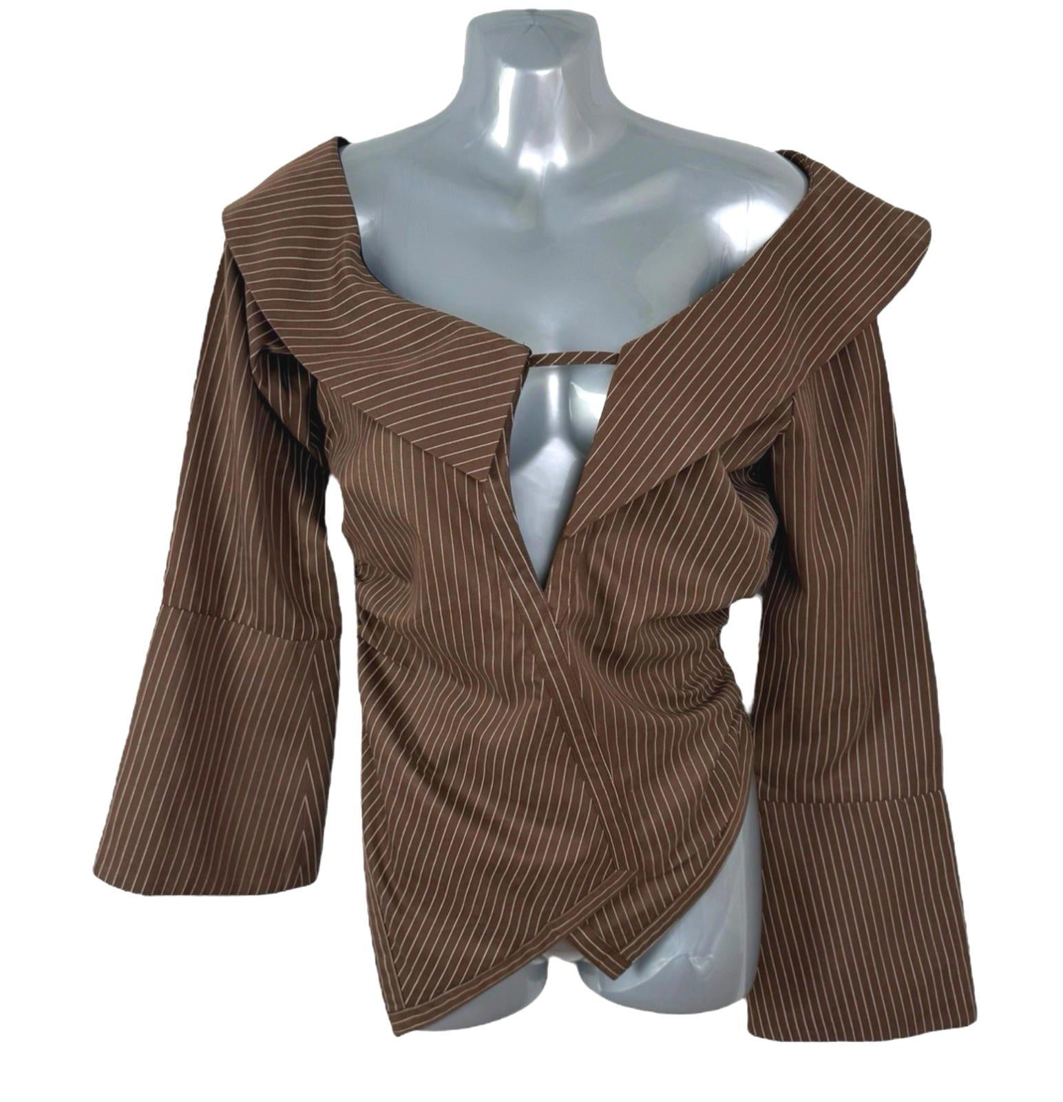 Pretty Little Thing Stripe Plunge Top Women’s UK Size 8 Long Sleeve Shirt Blouse