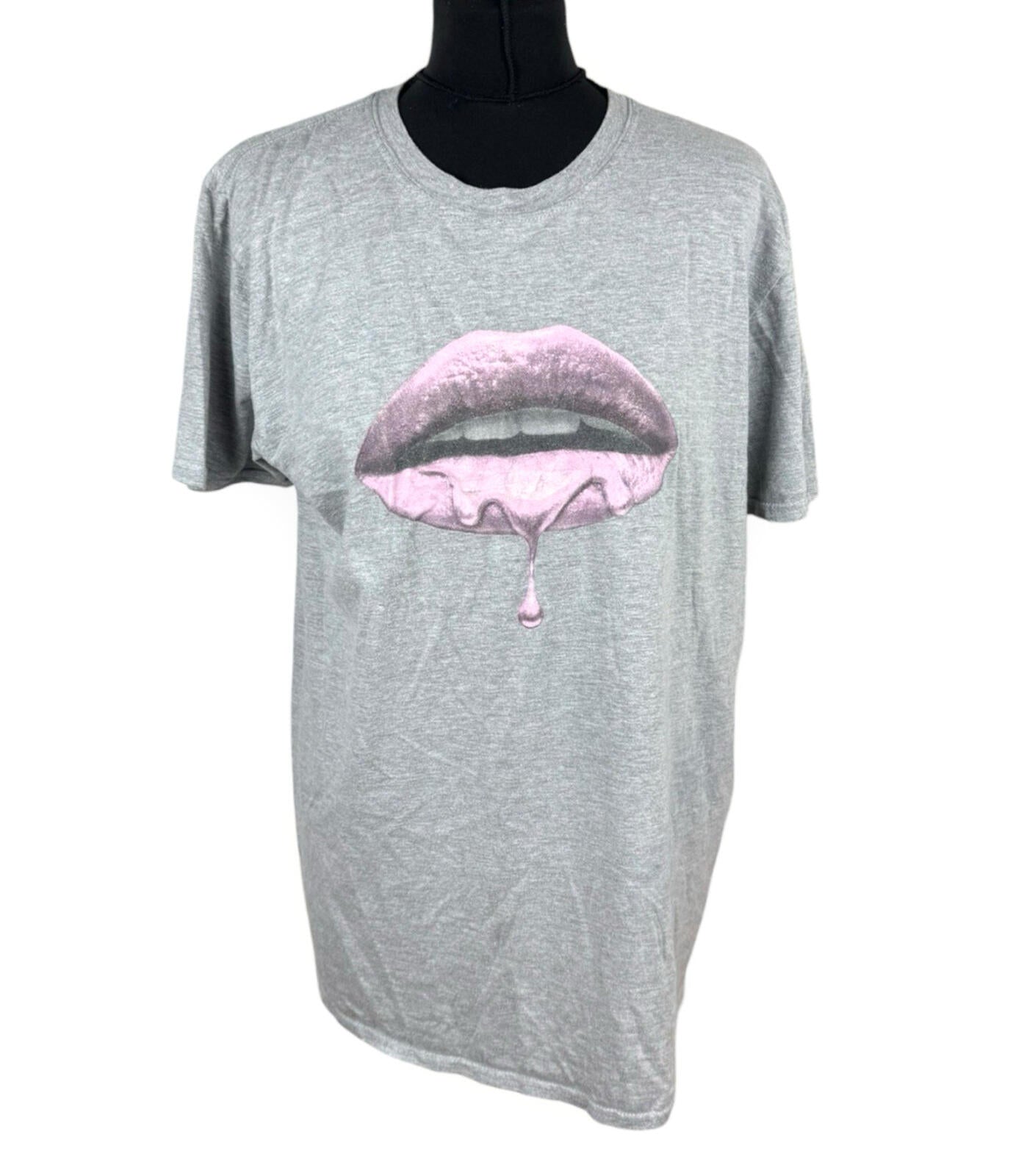 Pink Glitter Lips T-Shirt Women’s UK Size L Grey Jersey Graphic Print Crew Neck