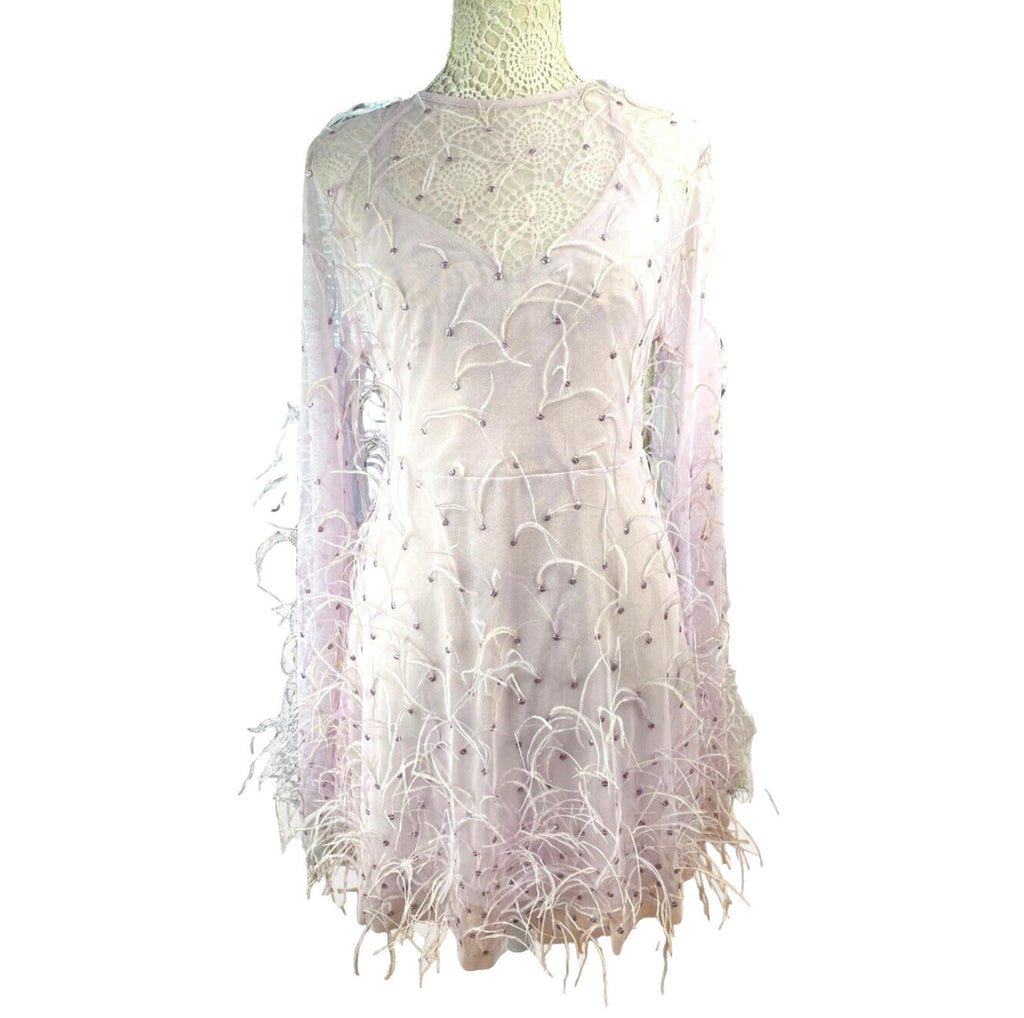 Lace & Beads Lilac Aster Feather Midi Dress Shawl Sleeve Women’s UK Size 10