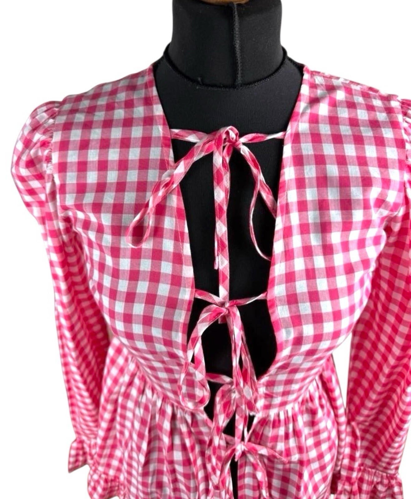 Gingham Tie Front Blouse Long Sleeve Grilled Hem Women’s UK Size S