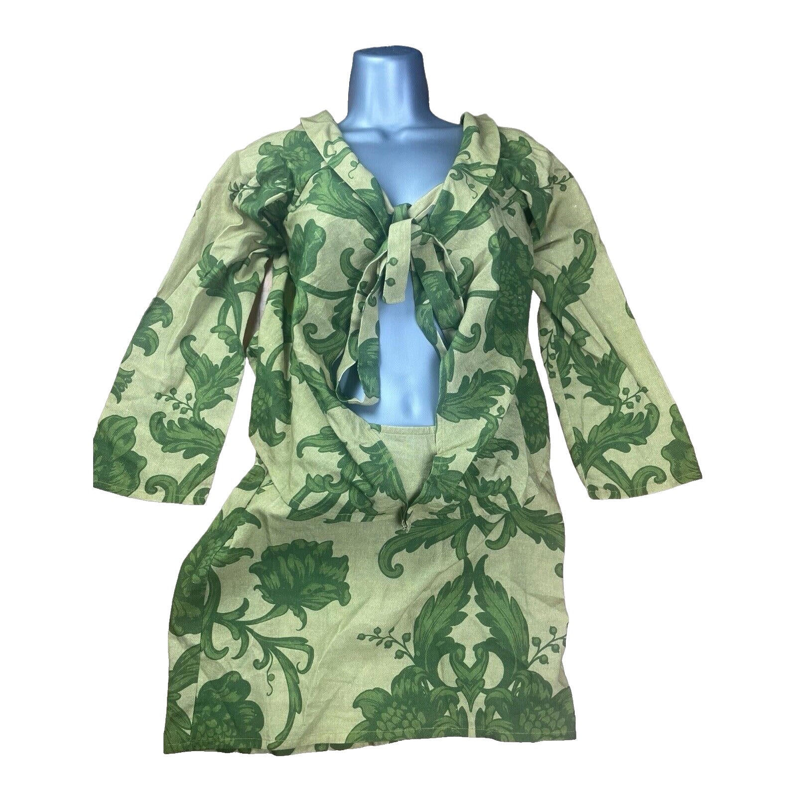 Floral Skirt & Tie Front Top Co-Ord Women’s UK Size S Green Long Sleeve Linen