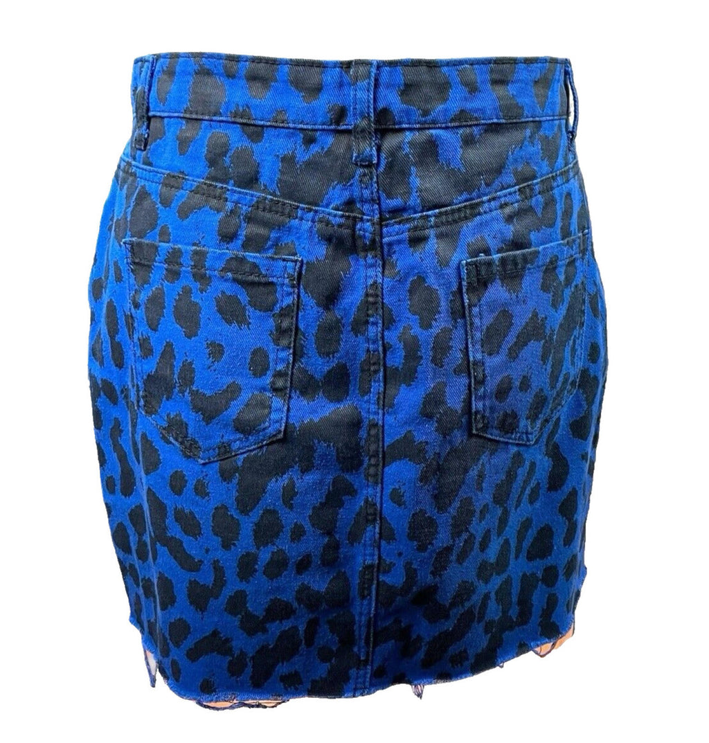 Denim Mini Skirt Women’s UK Size 12 Blue Leopard Print High Waist Pockets Y2K