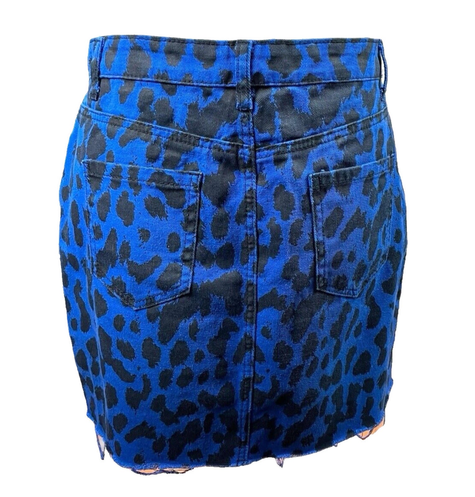 Denim Mini Skirt Women’s UK Size 12 Blue Leopard Print High Waist Pockets Y2K