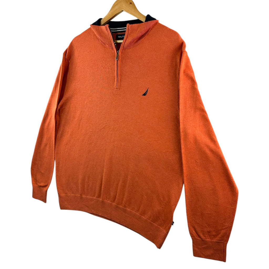 Nautica Knit Jumper Men's UK Size XL Orange Long Sleeve 1/4 Zip Sweater
