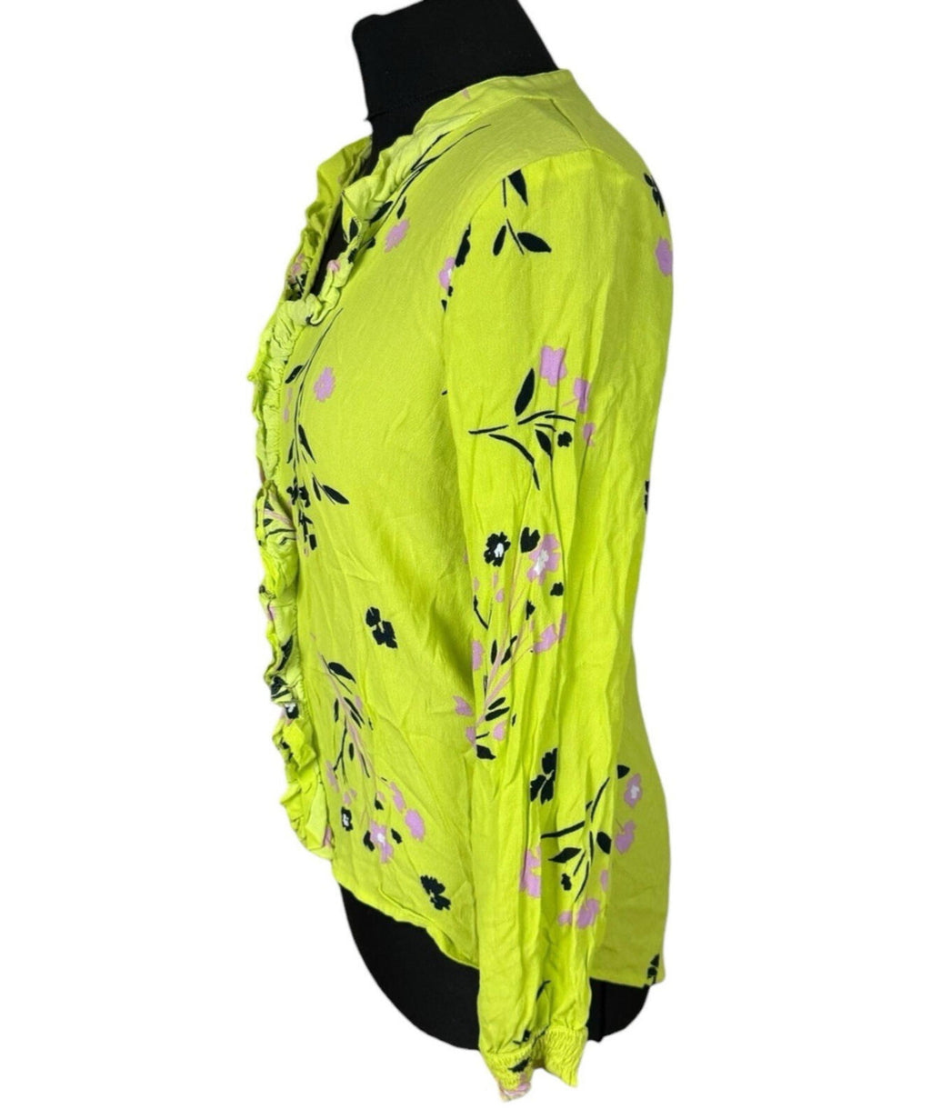 River Island Neon Blouse Women’s UK Size 10 Long Sleeve Frill Detail Floral