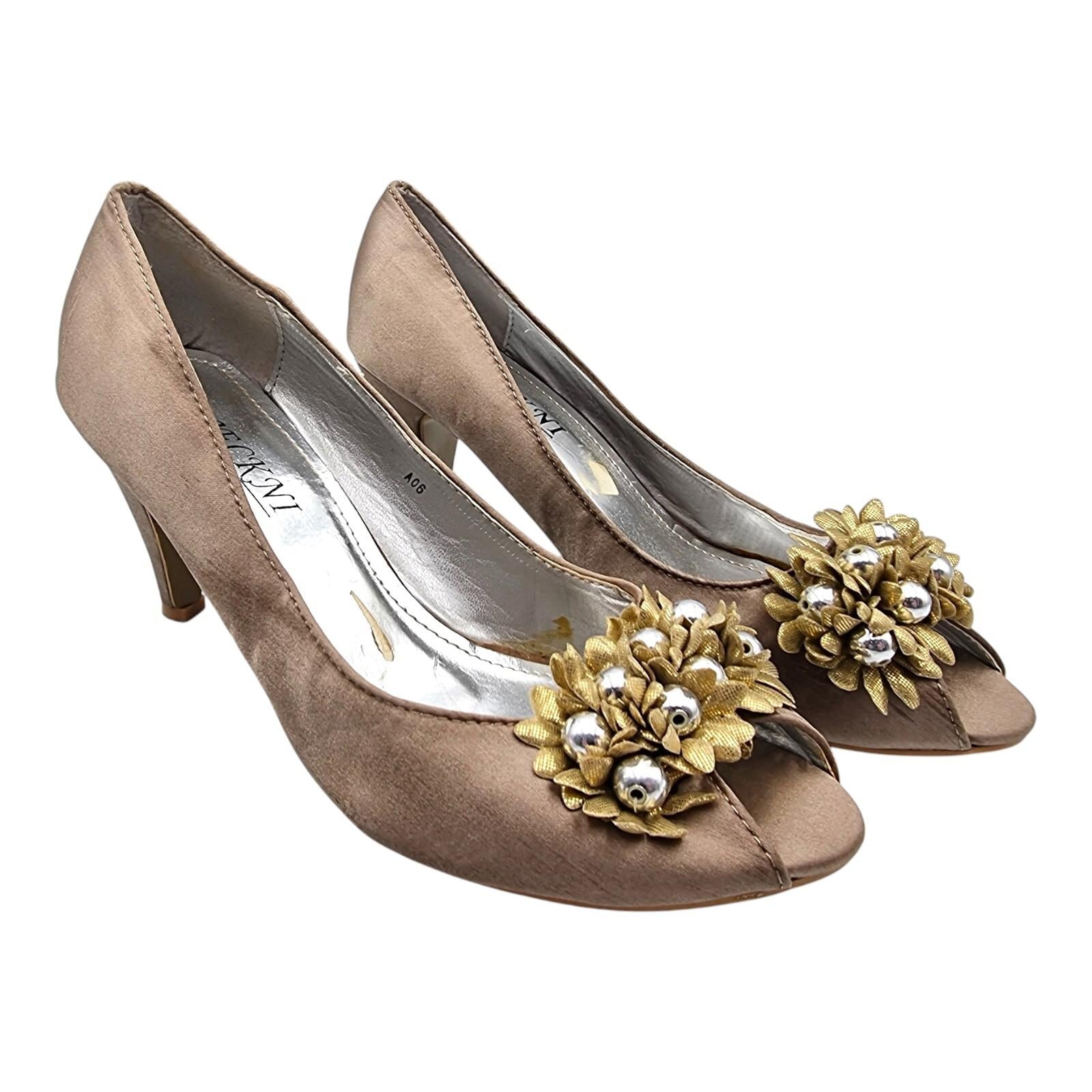 Jeckni Taupe Satin Slingback Court Shoes Women's UK Size 6.5 Gold Floral Corsage