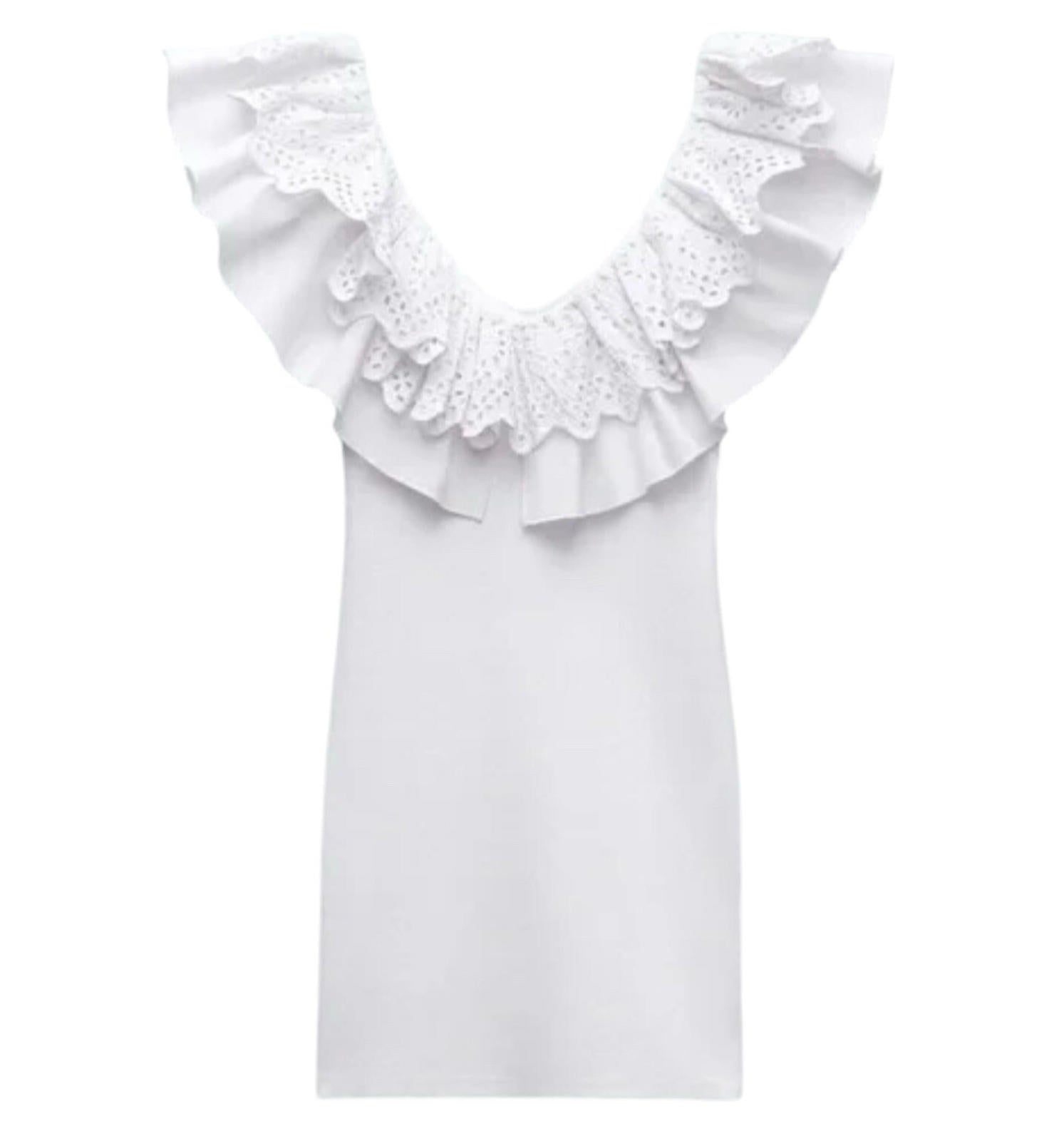 Zara Mini Dress White Ribbed Ruffled V-Neck Summer Women’s UK Size S (8)