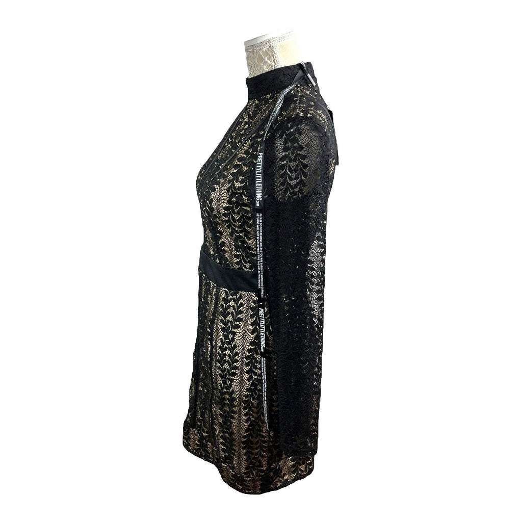 Pretty Little Thing Black Lace Mini Dress Long Sleeve Bodycon Women’s UK Size 12