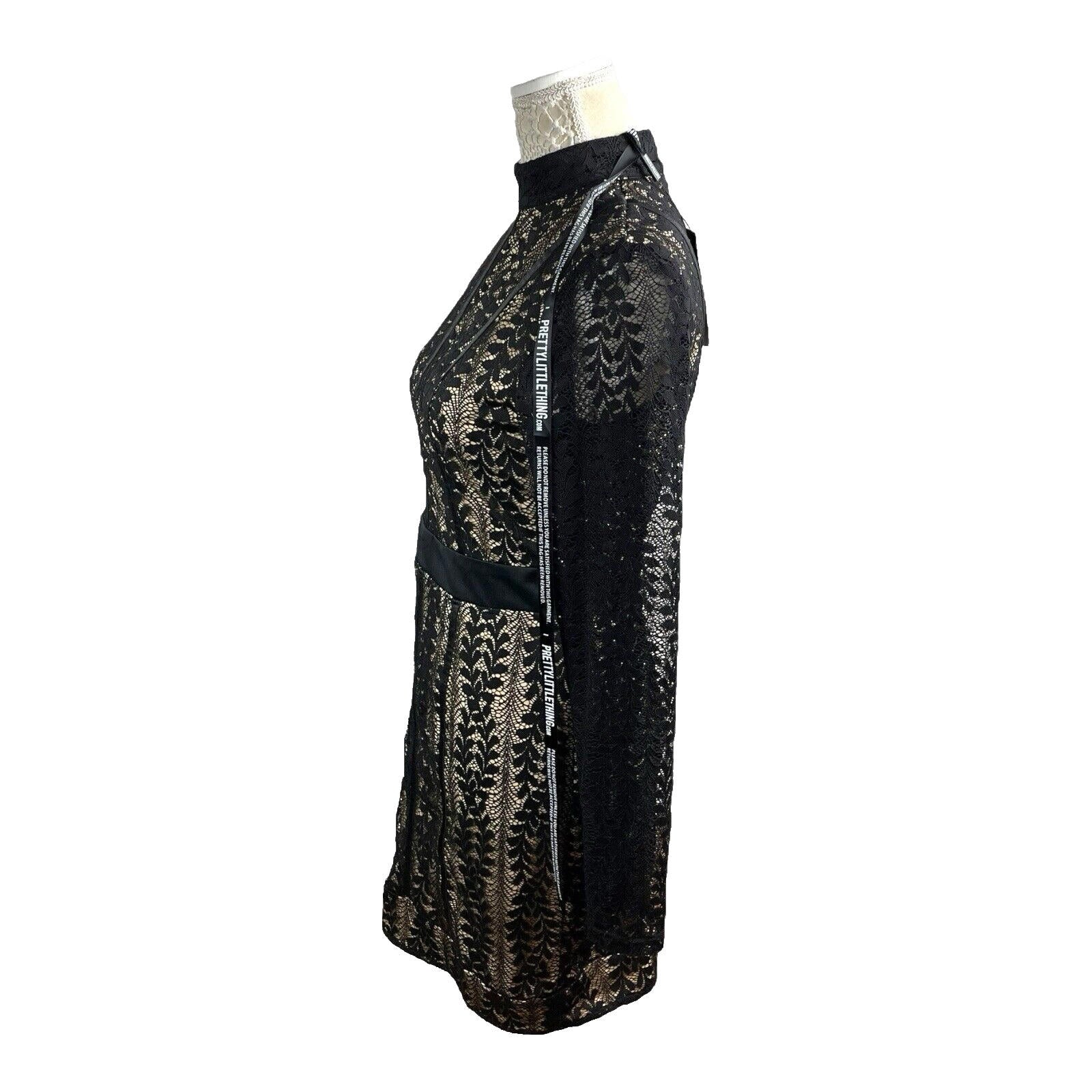 Pretty Little Thing Black Lace Mini Dress Long Sleeve Bodycon Women’s UK Size 12