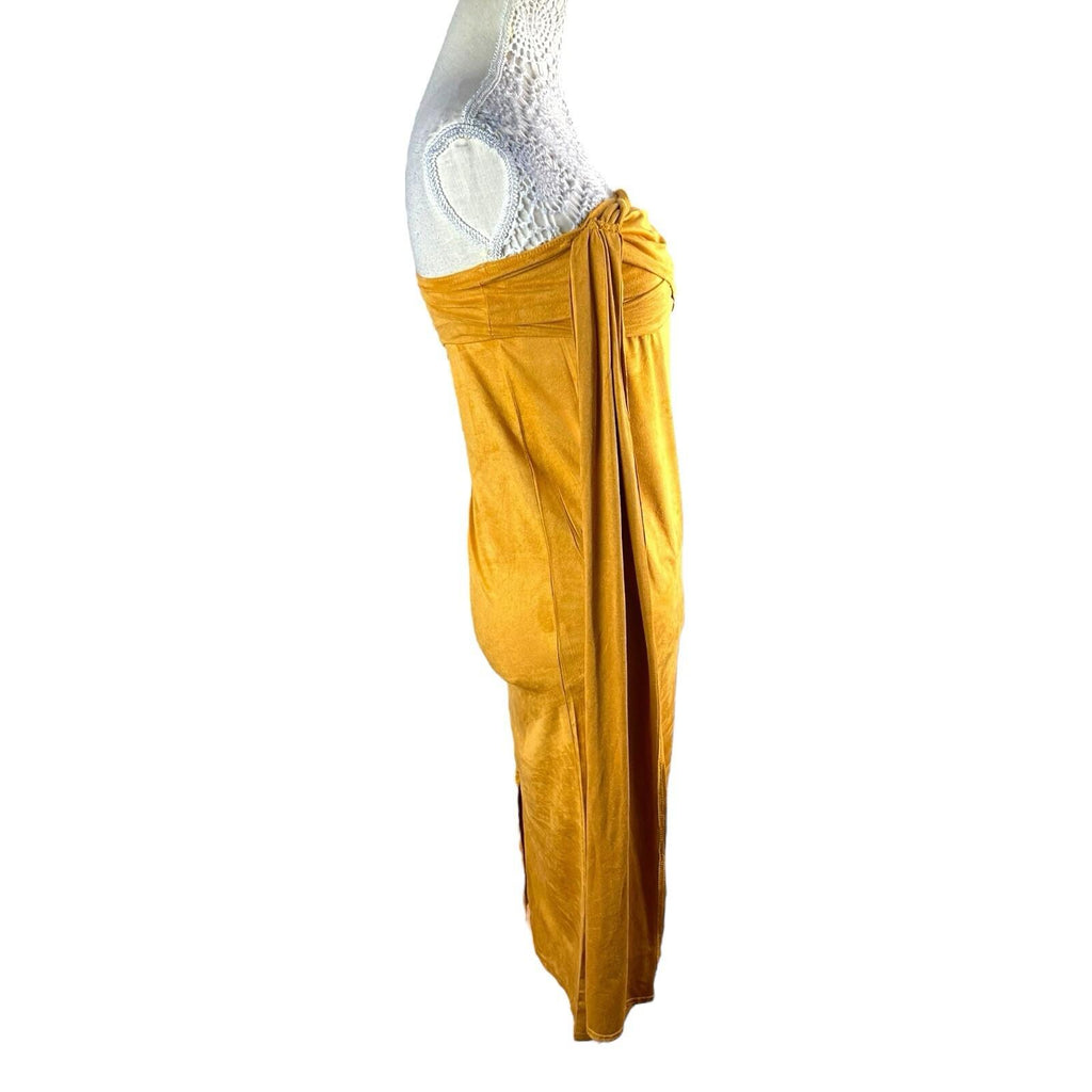 Strapless Drape Maxi Dress Women’s UK Size 8 Mustard Yellow Velour Occasion