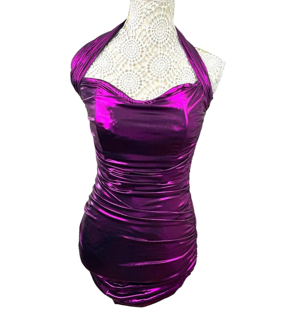 Metallic Bodycon Halter Neck Mini Dress Women’s UK Size XS Purple Party Cocktail