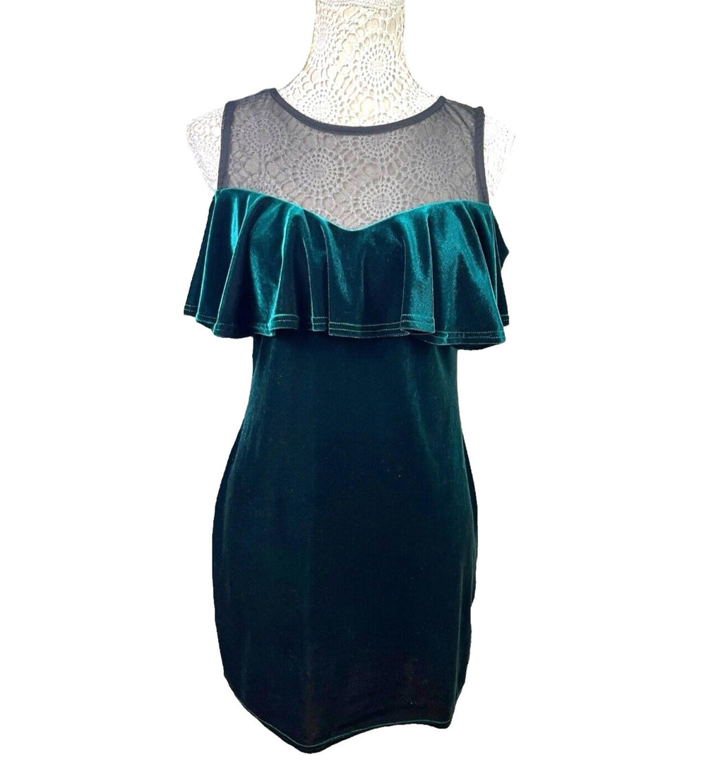 Quiz Velvet Mini Dress Women’s UK Size 14 Green Cold Shoulder Mesh Neckline