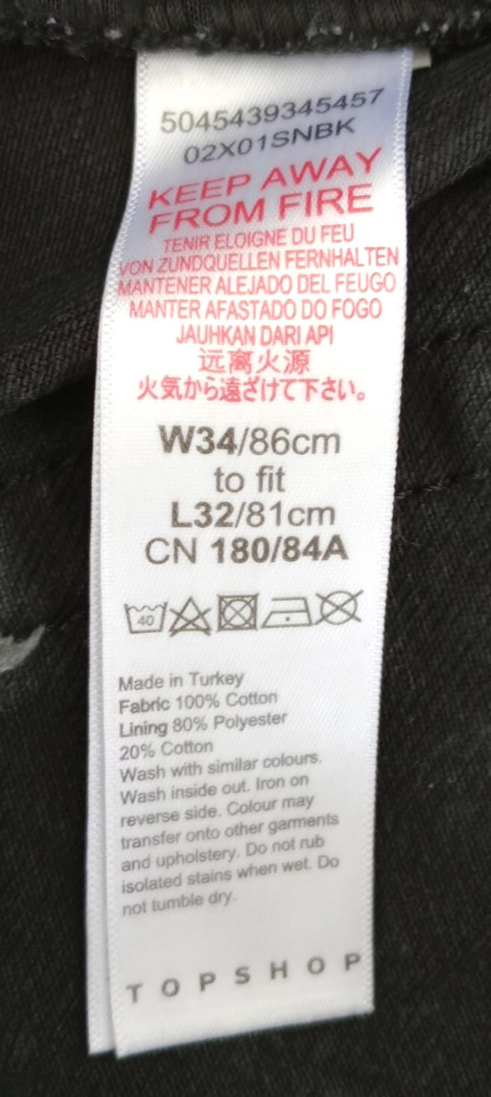Topshop Jeans Men's UK Size 34" Waist 32" Leg Black 100% Cotton 5 Pocket Design