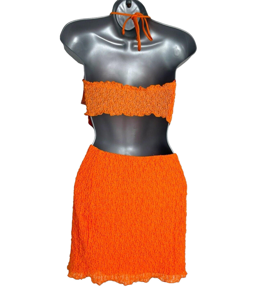 Bershka Bright Orange Textured Co Ord Set Women’s UK Size XS Crop Top & Skirt