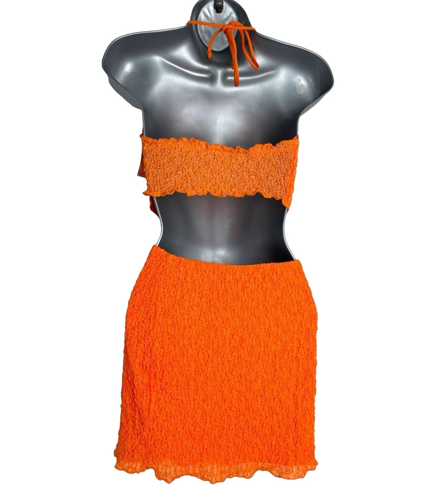 Bershka Bright Orange Textured Co Ord Set Women’s UK Size XS Crop Top & Skirt