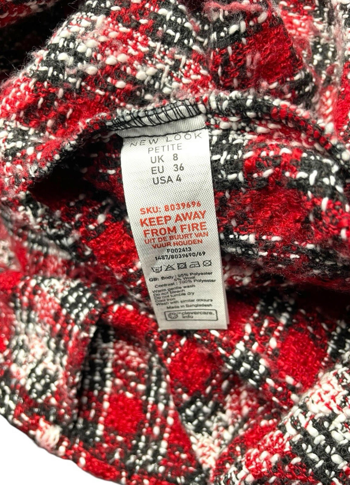 New Look Red Tartan Pinafore Mini Dress Women’s UK Size 8 Petite Boucle Tweed