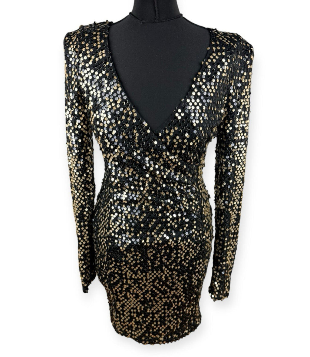 AX Paris Sequin Mini Dress Women’s UK Size 10 Long Sleeve Black Gold