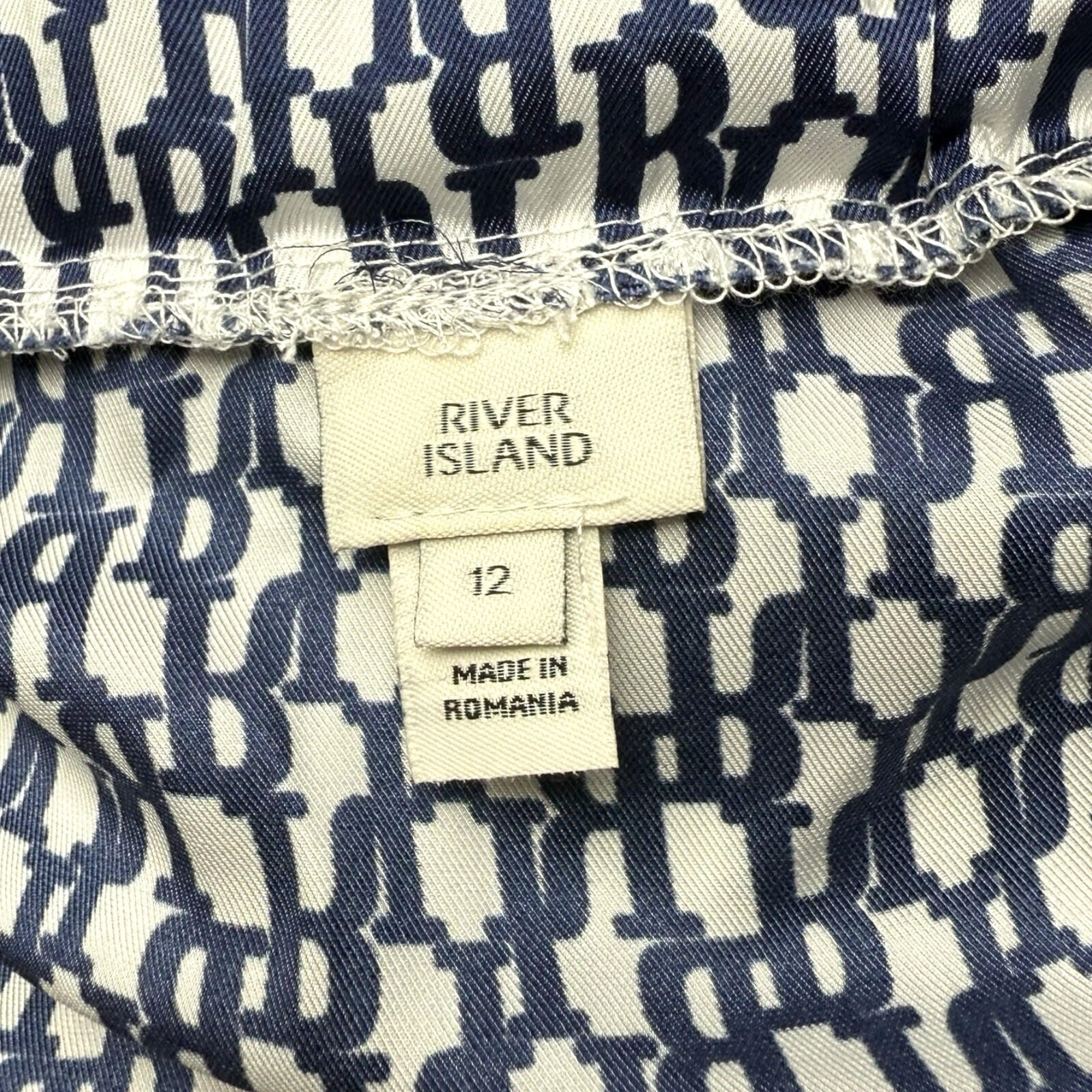 River Island Satin Off Shoulder Top Women’s UK Size 12 Logo Print White Navy