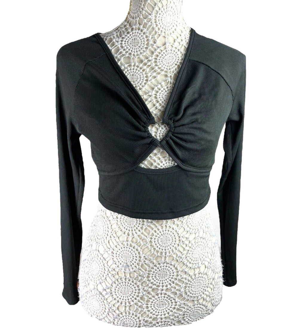 Shein Crop Top Women’s UK Size L Black Ribbed Long Sleeve V-Neck Heart Cutout