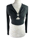 Shein Crop Top Women’s UK Size L Black Ribbed Long Sleeve V-Neck Heart Cutout