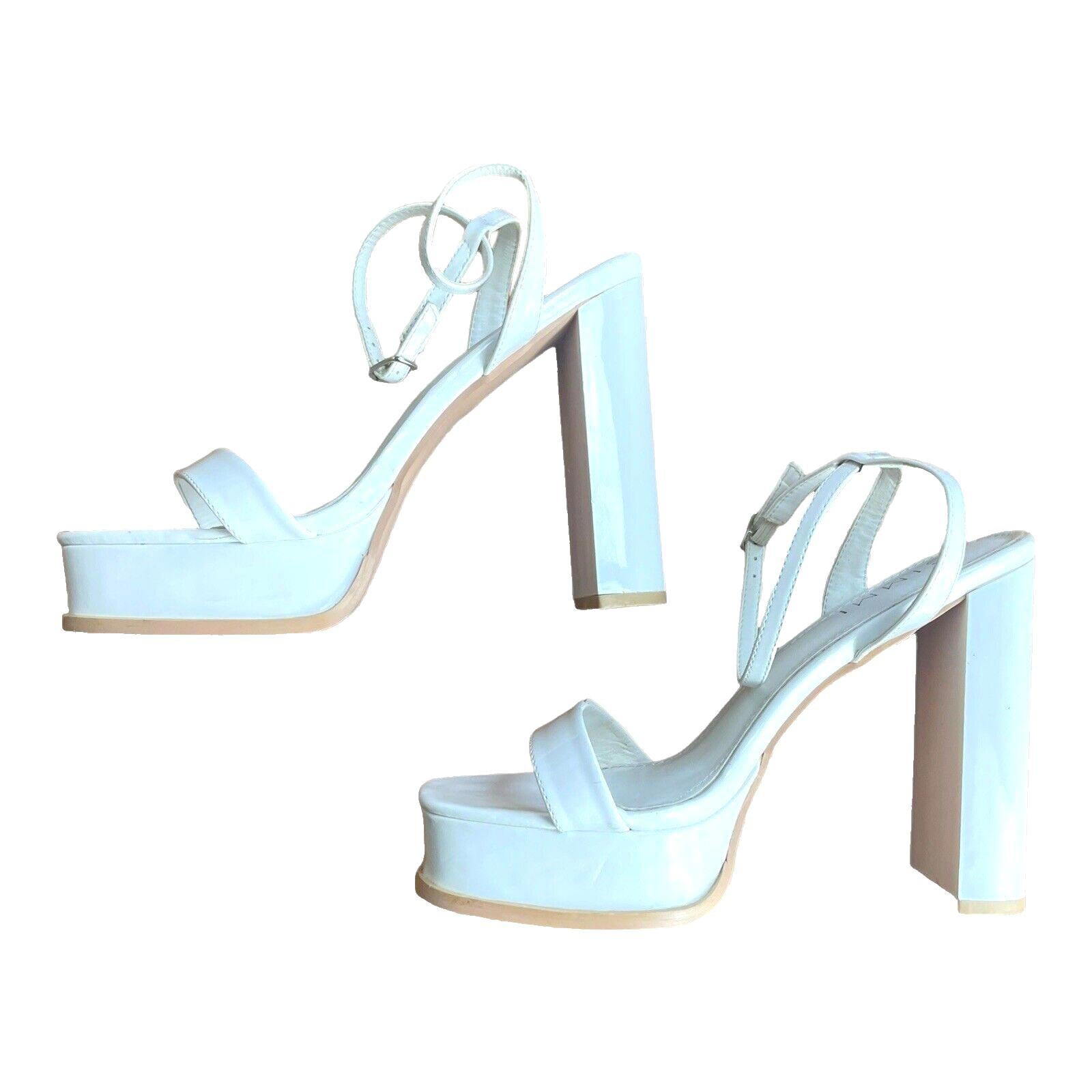 Simmi Platform Block Heel Sandals Women’s UK Size 6 Wide Fit White Patent Shoes