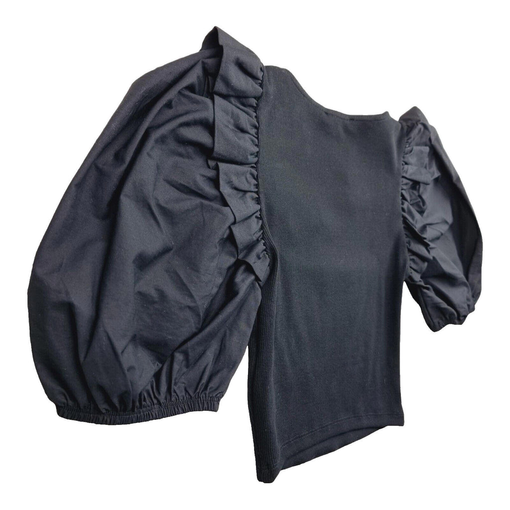Zara Crop Top Balloon Sleeve Black Ribbed Ruffle Women's UK Size Small S