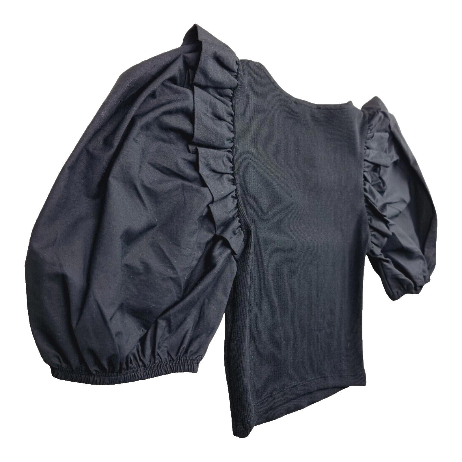 Zara Crop Top Balloon Sleeve Black Ribbed Ruffle Women's UK Size Small S
