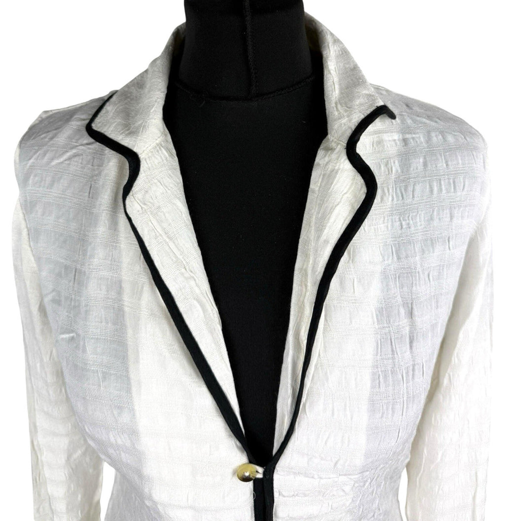 Linen Blazer Blouse Top Women’s UK Size S Flared Sleeves Ivory & Black Piping