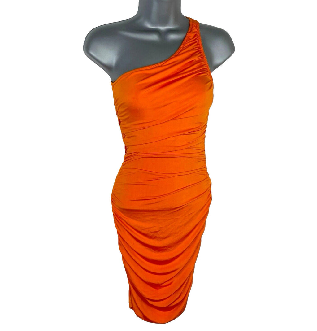 Stradivarius Midaxi Dress Bodycon Orange One Shoulder Ruffle Women’s UK Size XS